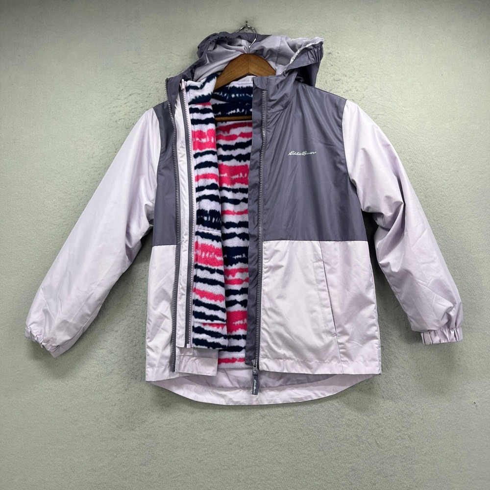 Eddie Bauer 3 in 1 Jacket Kids M 10/12 Purple Hooded Fleece Full Zip Rain Coat